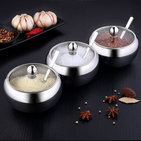 Stainless Steel Seasoning Can Sugar Salt Storage Jar Container with A Spoon j Stainless Steel Seasoning Can Sugar Salt Storage Jar Container with A Spoon j